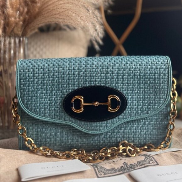 Gucci Turquoise Woven Clutch with Gold Chain - Picture 1 of 16